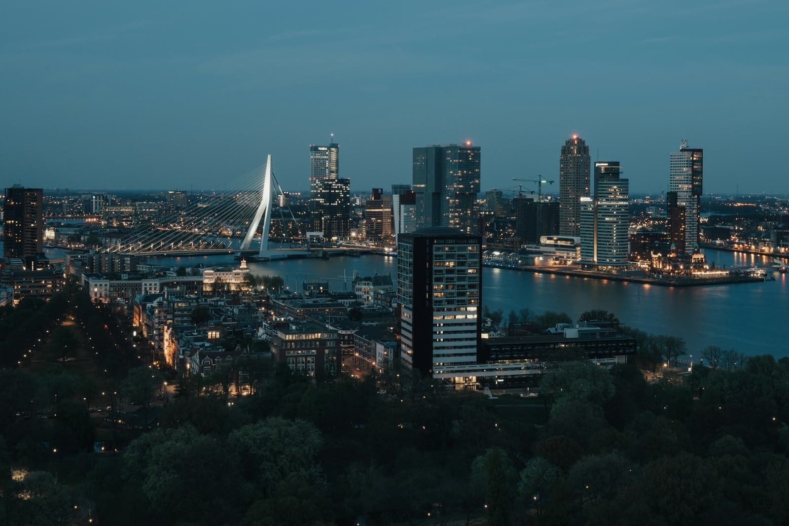 Rotterdam bij schemering met de Erasmusbrug